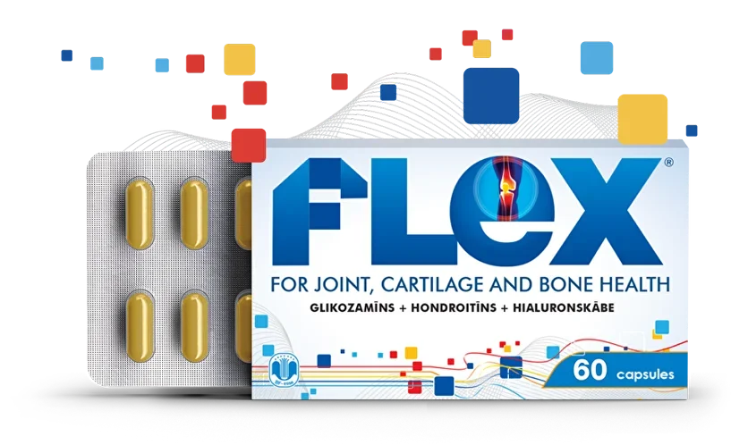 Flex es un suplemento para la salud osteoarticular con glucosamina, condroitina, colágeno tipo II, MSM y vitamina C